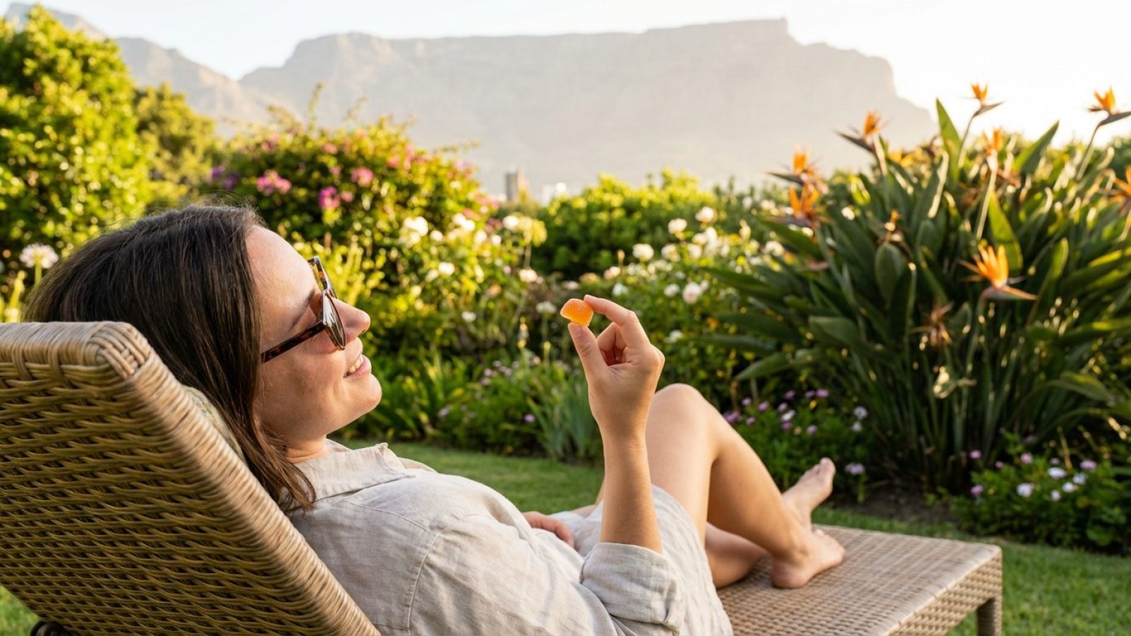 Relaxing on a garden terrace with a gummy, Table Mountain in the background