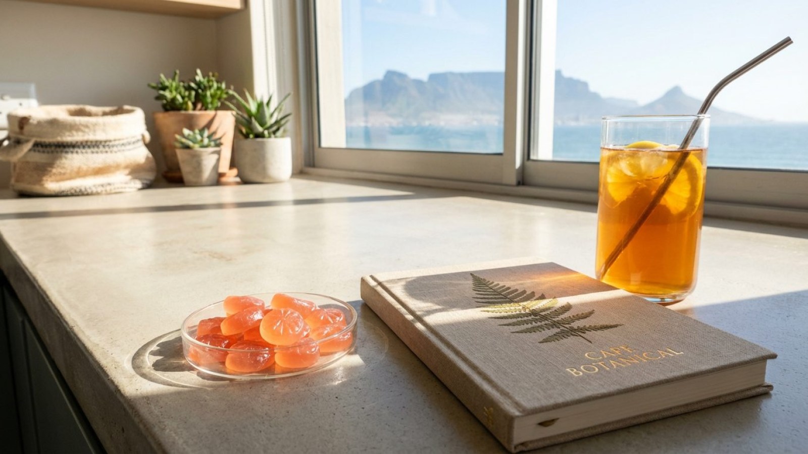 Gummies and an iced tea by a window looking out to Table Mountain