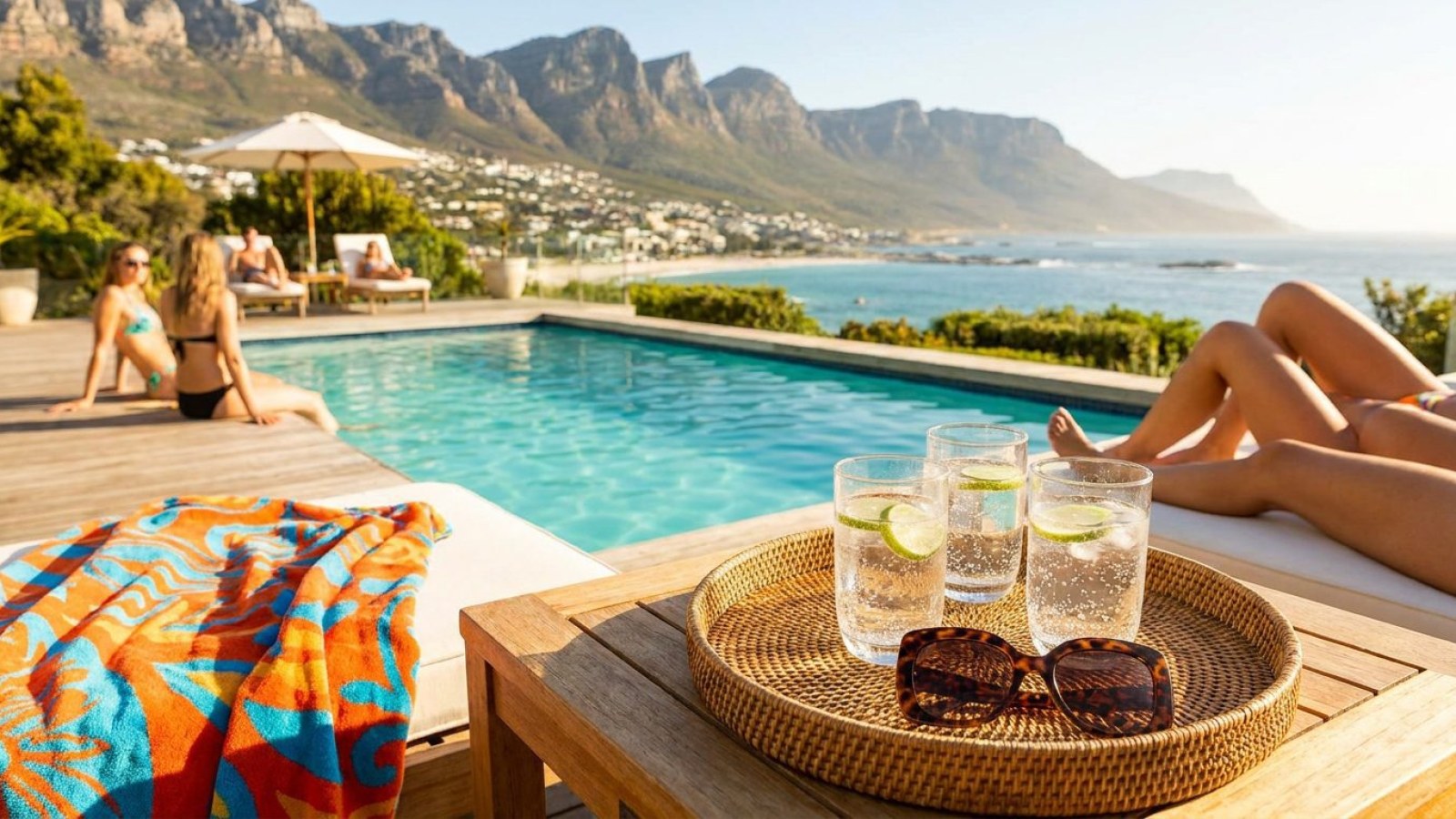 A private villa terrace and pool looking out to the Twelve Apostles, Cape Town