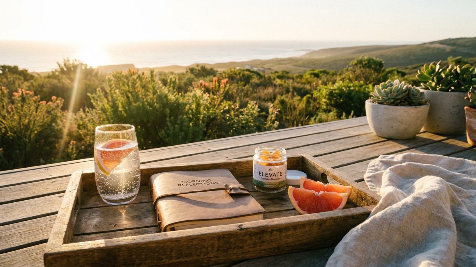 A terrace table at sunset with a notebook, a drink and a small dish of gummies