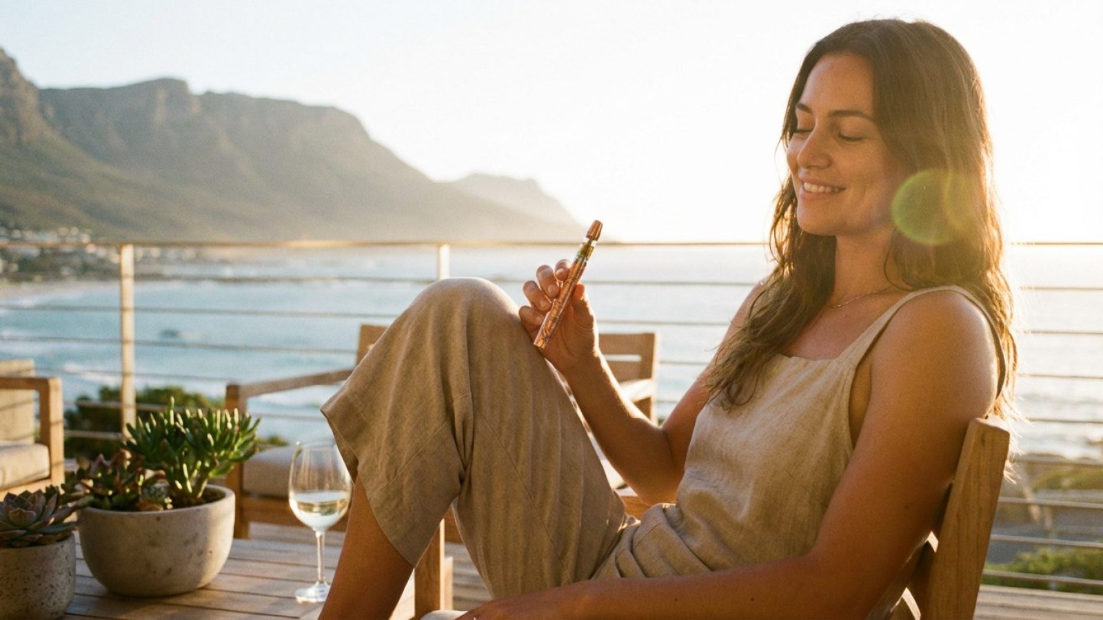 Relaxing on a sunny terrace with a vape pen, mountains in the distance