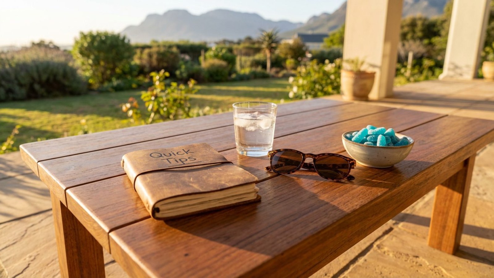 A sunny terrace table with a notebook, a glass of water and sunglasses