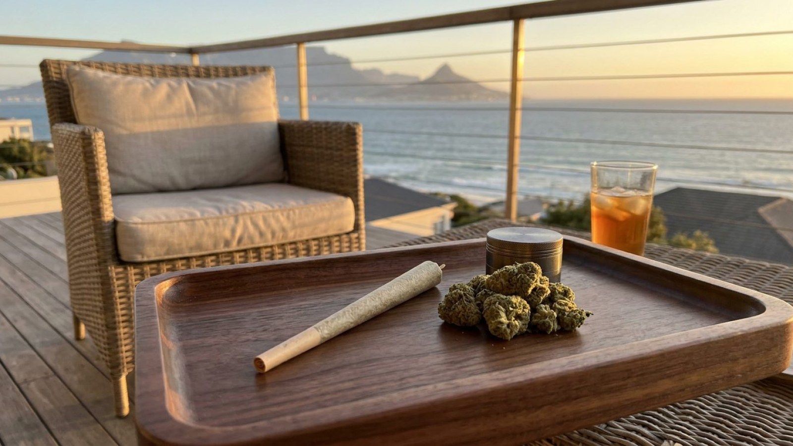 A pre-rolled joint and a small bowl of flower on a terrace table overlooking the sea