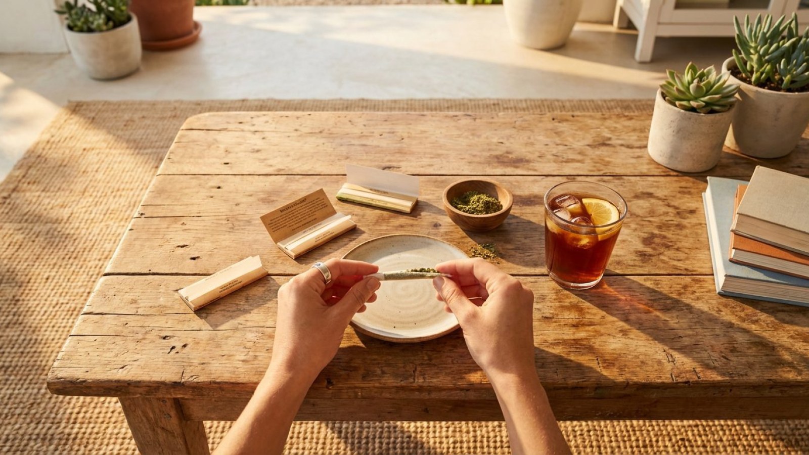 Hands rolling a joint on a wooden table in the sun