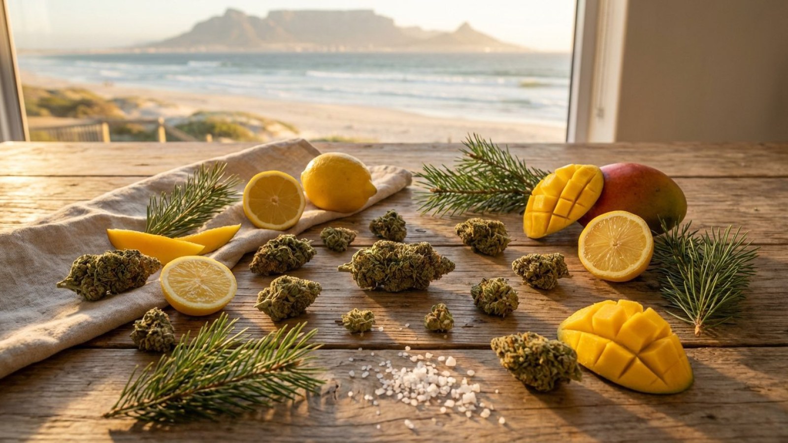 Cannabis buds with lemons, herbs and pine sprigs on a sunny table by the sea