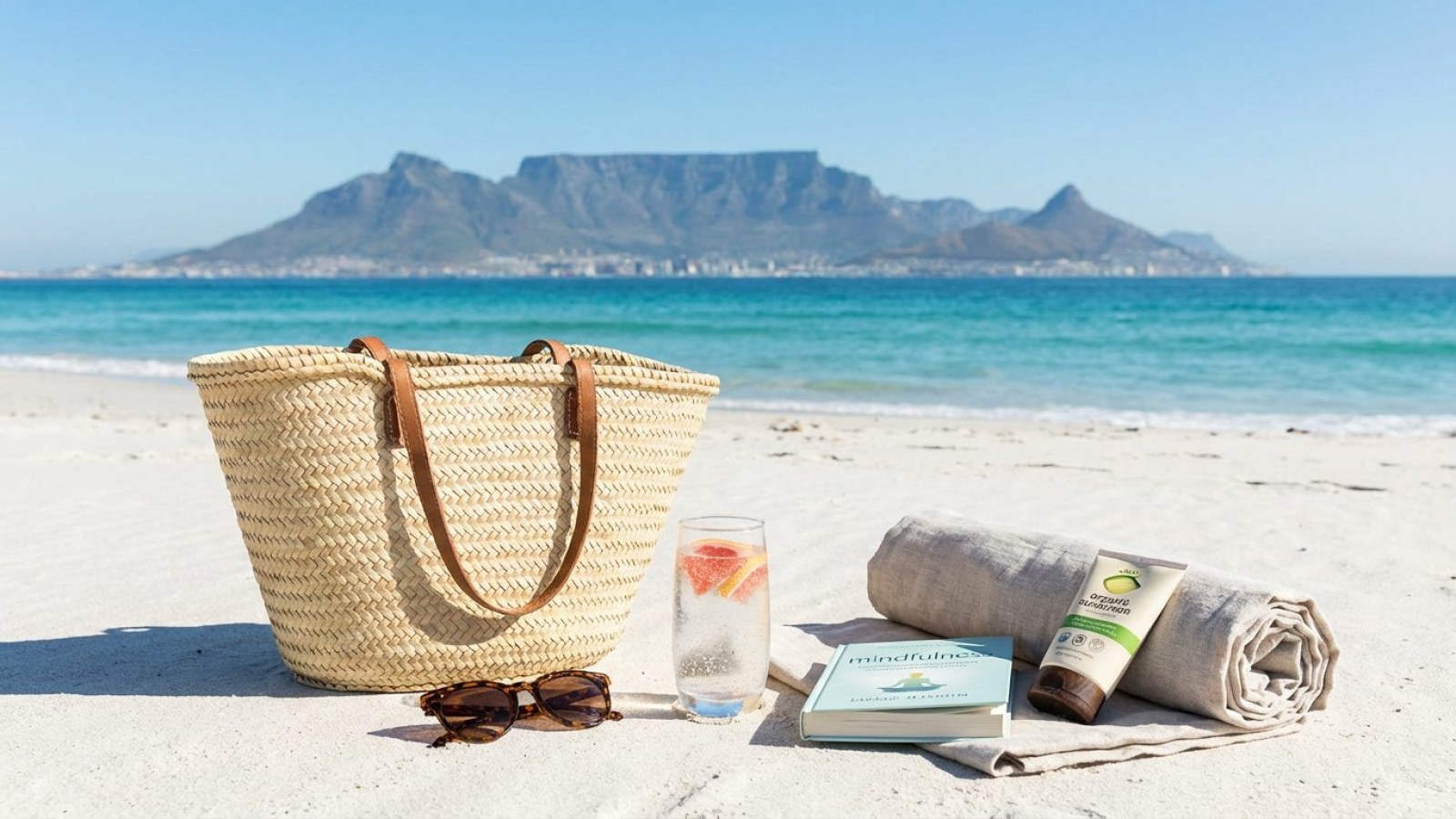 A beach bag, sunglasses and a drink on the sand with Table Mountain across the bay