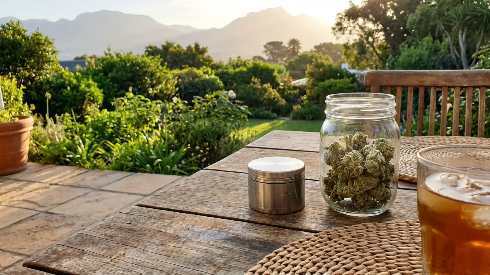 A metal grinder on an outdoor table with a garden and mountains behind