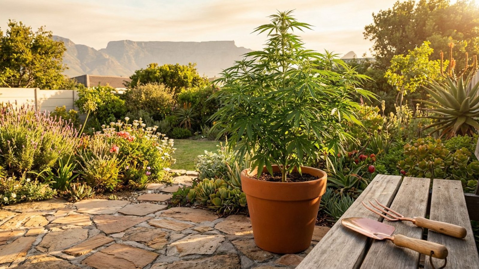 A cannabis plant growing in a terracotta pot in a sunny garden