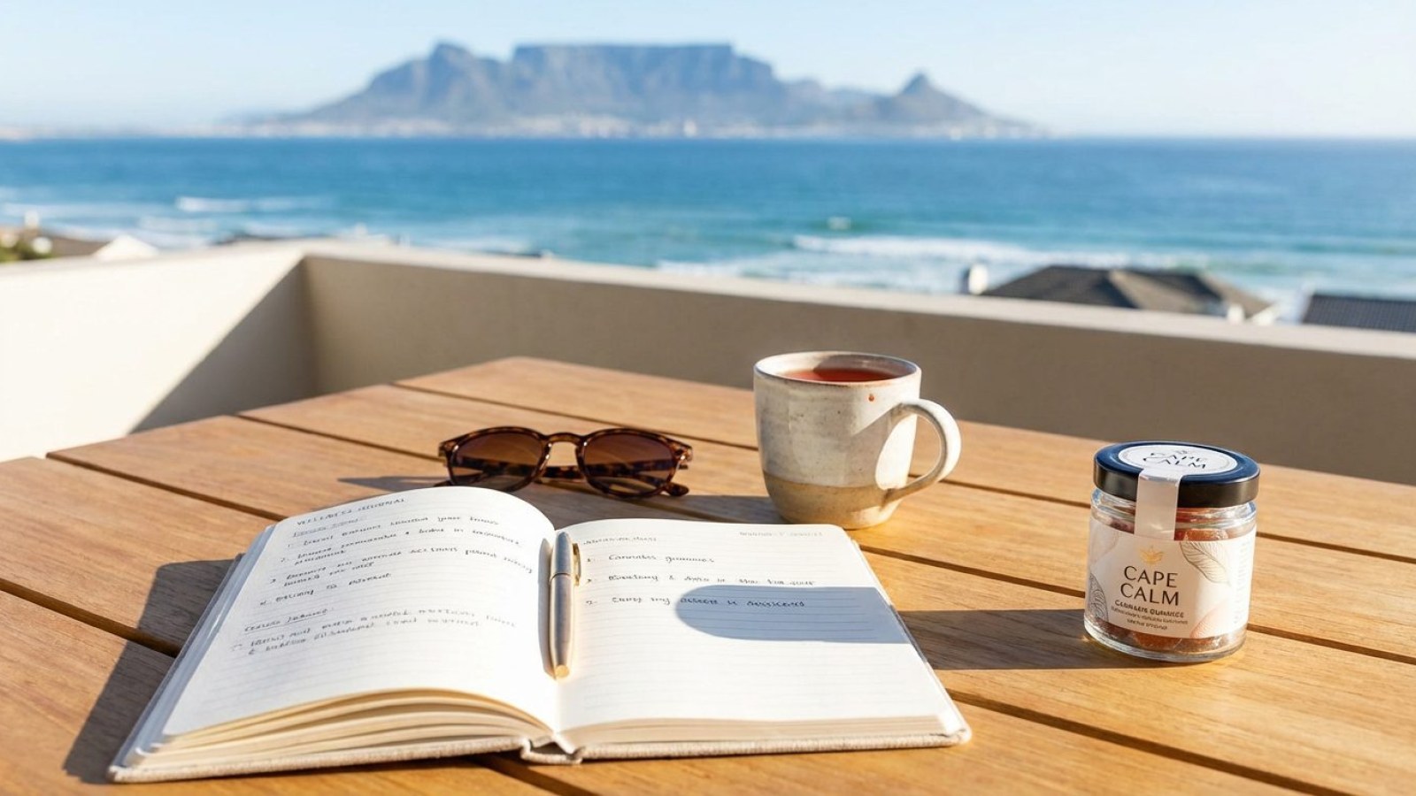 A balcony table with coffee and a notebook overlooking Camps Bay and the ocean
