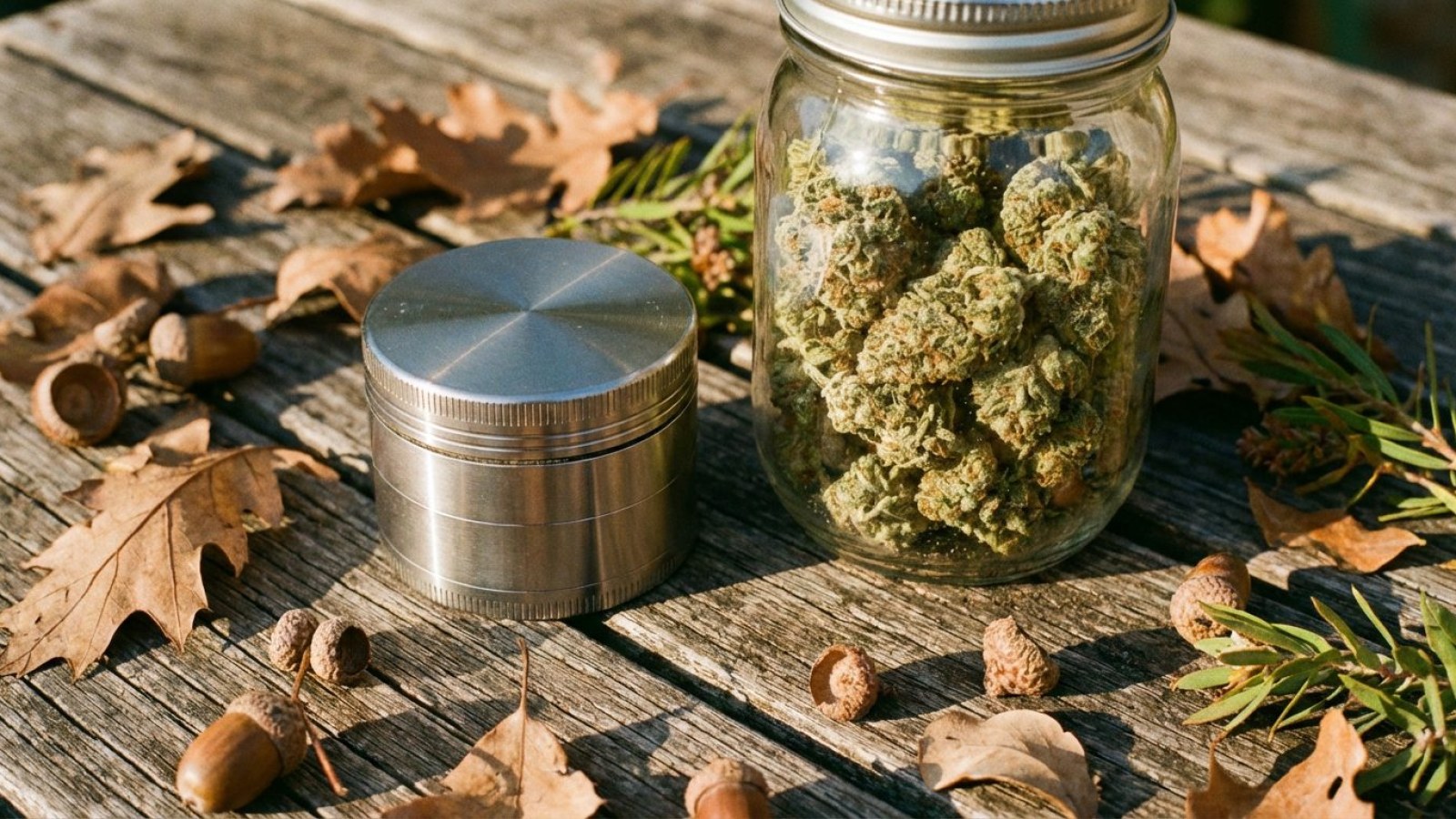 A glass jar of cannabis buds beside a grinder on a sunny wooden table