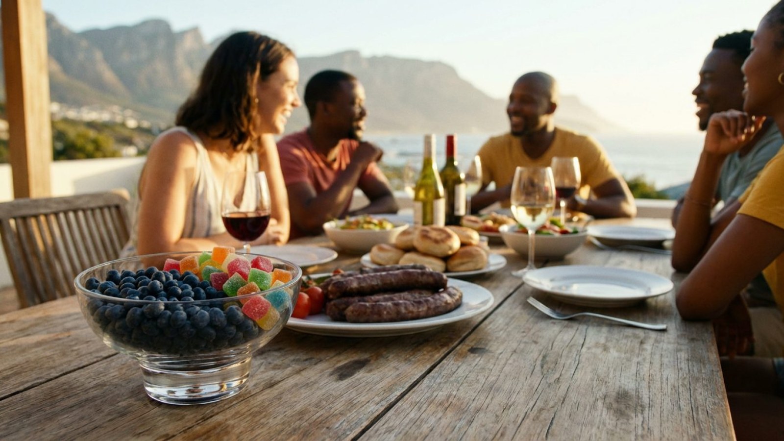 Friends sharing dinner on an outdoor table at dusk with the mountains behind