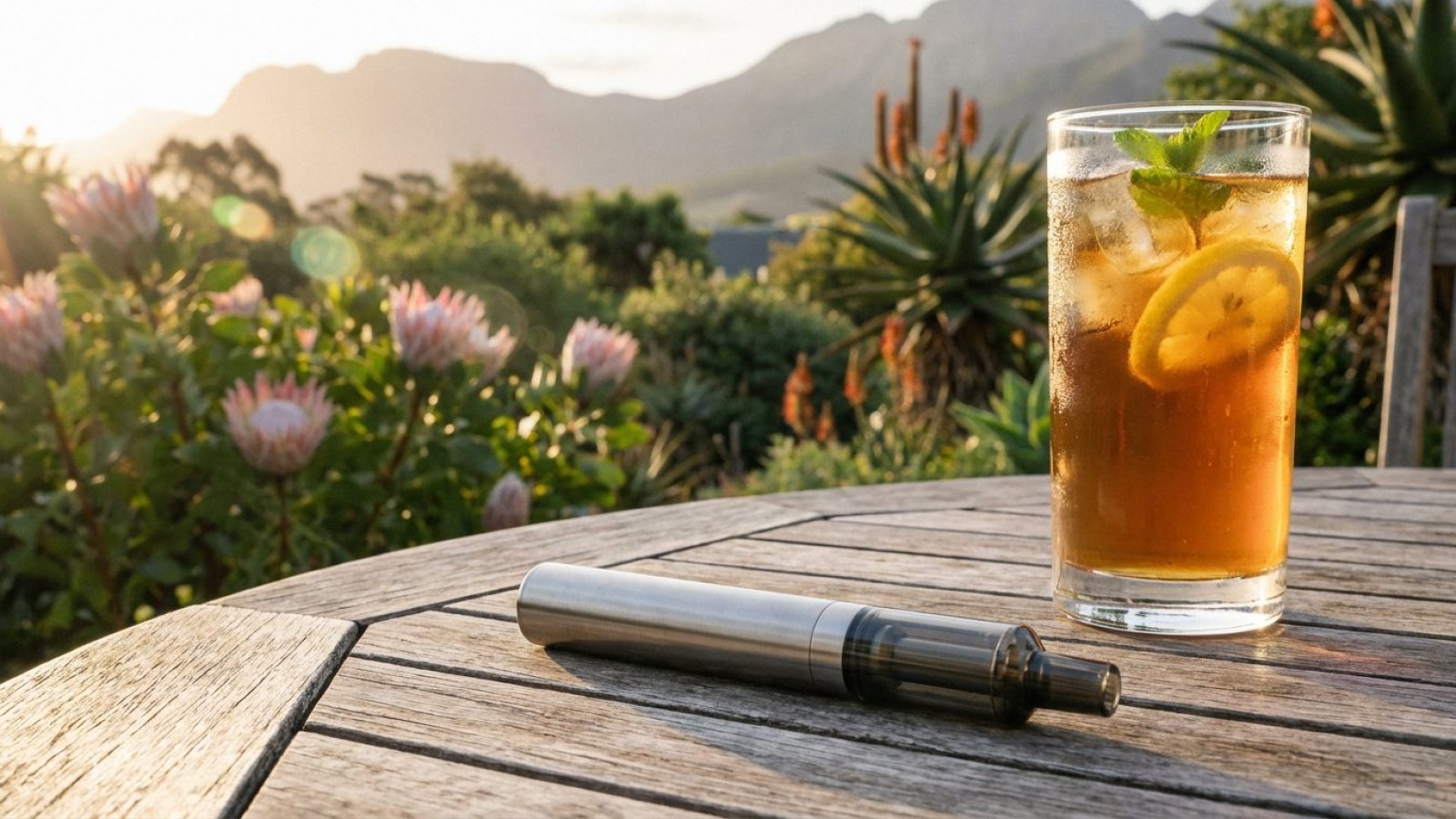 A vape pen on a weathered wooden table with fynbos and the sea behind