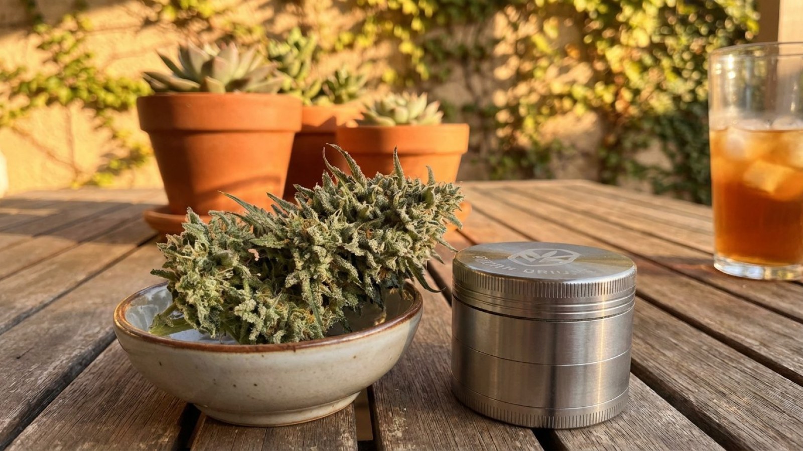 Cannabis buds in a bowl and a grinder on an outdoor table in warm light